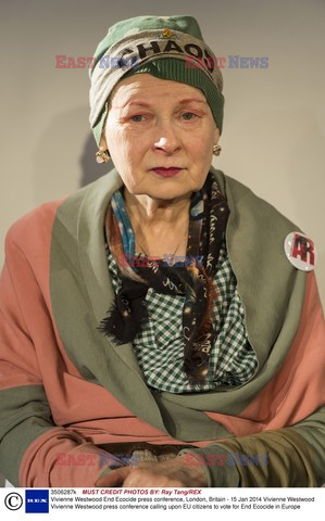 Vivienne Westwood wearing a hat with Chaos 