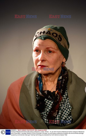 Vivienne Westwood wearing a hat with Chaos 