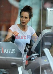 Andie MacDowell and daughter go walking for exercise