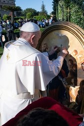 Papiez Franciszek modli się w ogrodach watykańskich