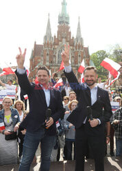 Aleksander Miszalski i Rafał Trzaskowski na spotkaniu wyborczym w Krakowie